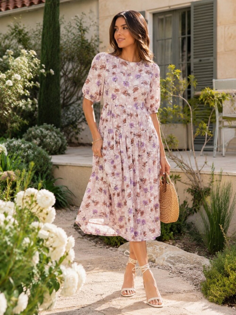 En Saison Annabel Chiffon Short Sleeve Midi Dress in Pink Multi NWT